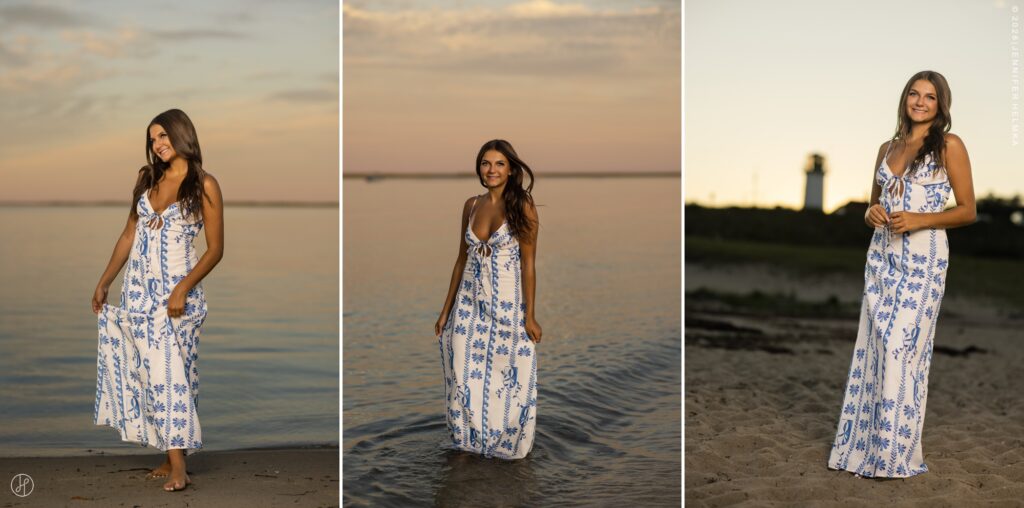 Editorial senior portrait of high school senior wearing a blue and white maxi dress on the beach at sunset during a senior photography session in Chatham, Cape Cod, Massachusetts with Jennifer Helmka, Photographer.