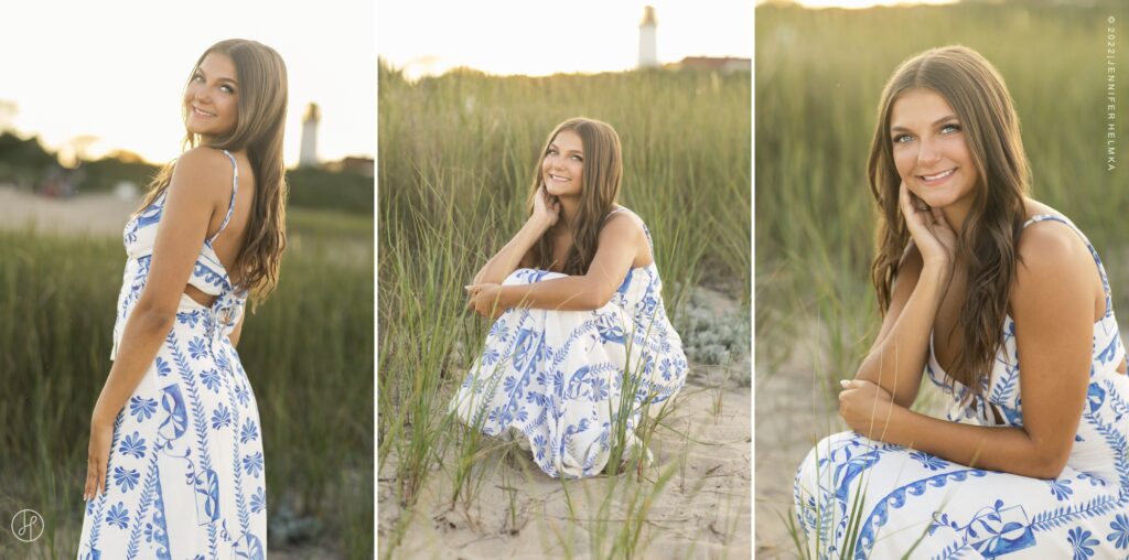 Editorial senior portrait of high school senior wearing a blue and white maxi dress near the dunes and lighthouse during a senior photography session in Chatham, Cape Cod, Massachusetts with Jennifer Helmka, Photographer.