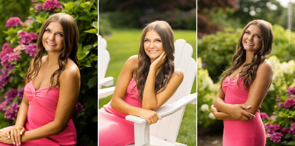 Editorial senior portrait of high school senior wearing a pink dress surrounded by blooming hydrangeas during a senior photography session in Chatham, Cape Cod, Massachusetts with Jennifer Helmka, Photographer.