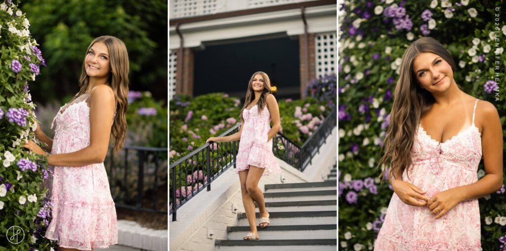 Editorial senior portrait of high school senior wearing a pink floral dress surrounded by summer flowers during a senior photography session in Chatham, Cape Cod, Massachusetts with Jennifer Helmka, Photographer.