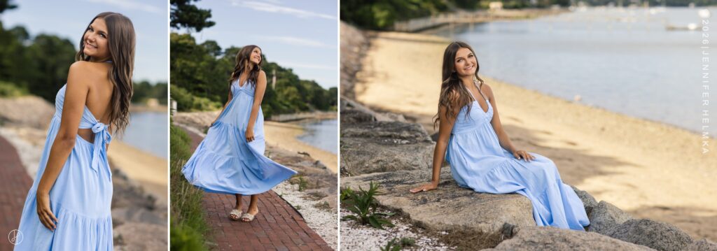 Editorial senior portrait of high school senior wearing a flowing blue maxi dress along the Chatham waterfront during a senior photography session in Chatham, Cape Cod, Massachusetts with Jennifer Helmka, Photographer.