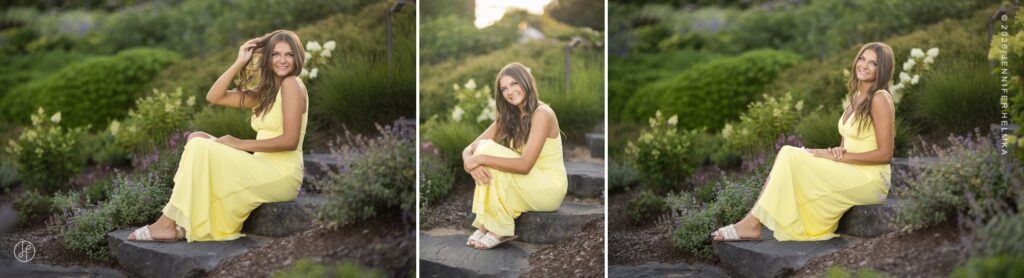 Editorial senior portrait of high school senior in a flowing yellow maxi dress seated in a Cape Cod garden during a senior photography session in Chatham, Cape Cod, Massachusetts with Jennifer Helmka, Photographer.